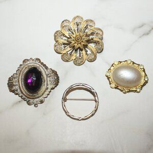 Set of 4 VINTAGE Brooches Bundle Retro Pins Costume Boho Jewelry 80s Grandma